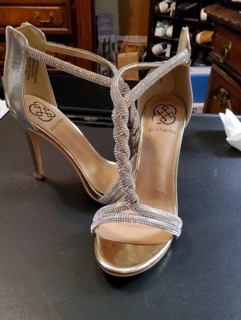 Daisy Fuentes Metallic Gold Rhinestone Braided T-Strap Heels